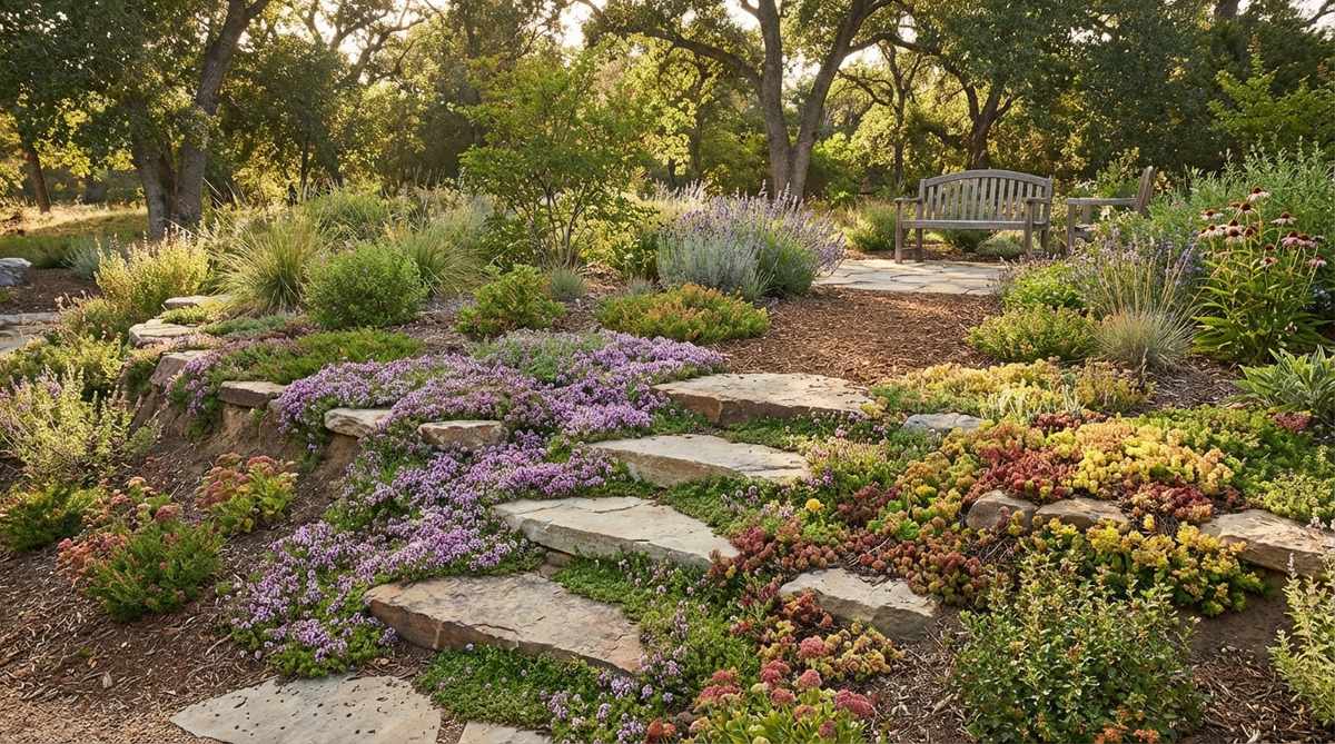 Stone steps seamlessly integrated into a planted garden slope, with creeping thyme and sedums flowing over the edges, blurring the line between hardscape and vegetation in an informal landscape design.