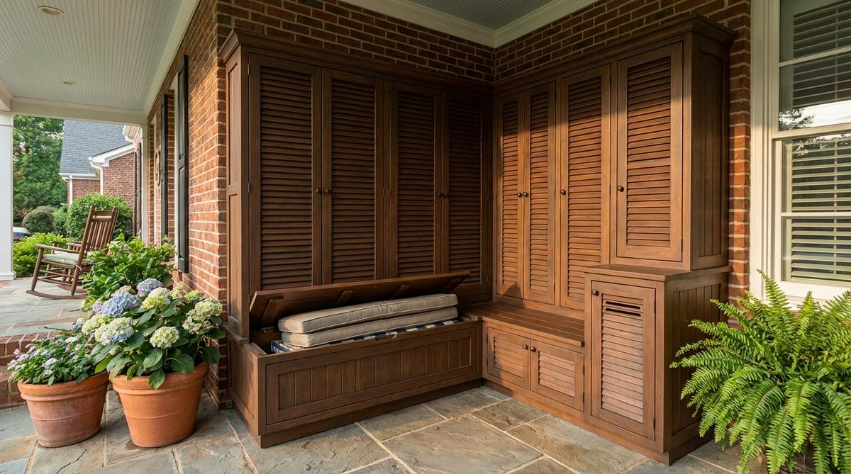 A built-in cabinet or enclosed bench seat on a porch, designed to hide outdoor cushions, tools, and seasonal decorations, with custom solutions maximizing corner spaces and featuring ventilation and moisture-resistant finishes to prevent mildew.