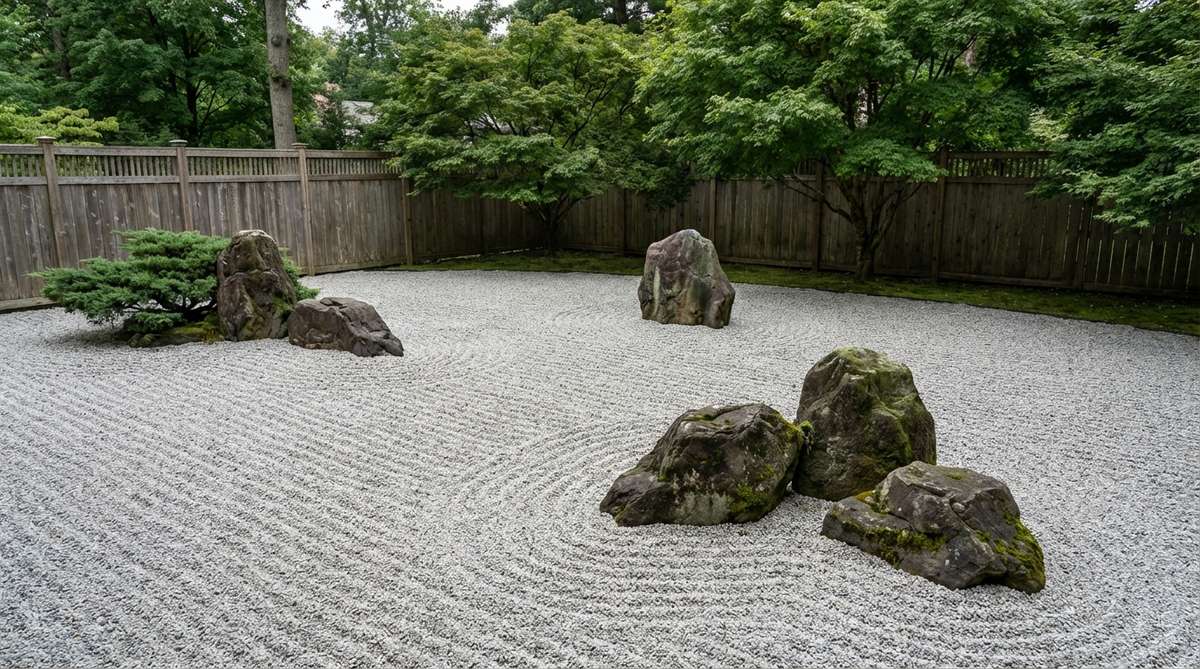 A Japanese garden design showing multiple small rock groupings emerging from a sea of raked gravel. The islands are arranged in asymmetrical patterns with varying distances between them to suggest natural formation. Each island consists of 1-3 stones grouped with intentional relationships, with some islands distant and isolated while others are clustered in small groups, mimicking natural geography.