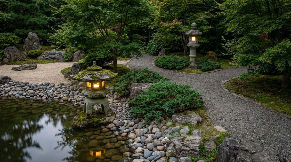 Traditional Japanese stone lanterns including yukimi and oribe styles positioned near water features or pathway intersections in an Asian-inspired garden. The carved granite lanterns serve as sculptural focal points year-round, with internal LED retrofits providing illumination without candle maintenance.