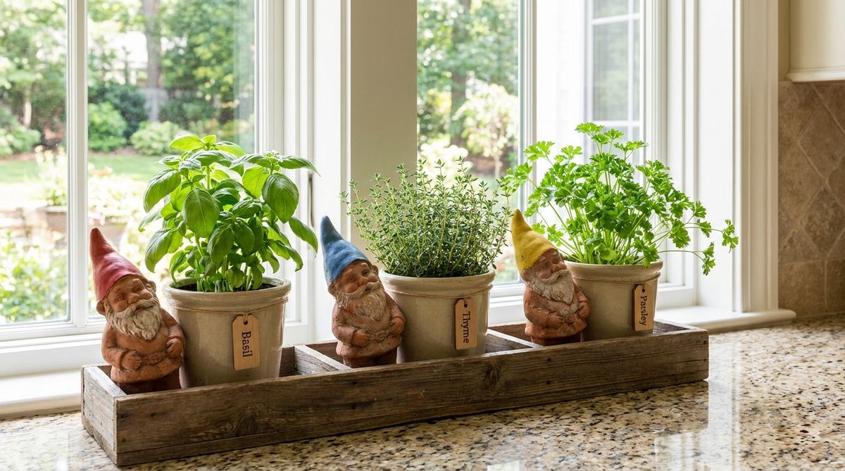 Three small garden gnomes leaning on herb pots containing basil, thyme, and parsley, arranged on a kitchen counter or windowsill with a shallow tray underneath. The gnomes have different colored hats that serve as a playful labeling system for the herbs, creating a practical and cheerful mini garden for daily cooking.