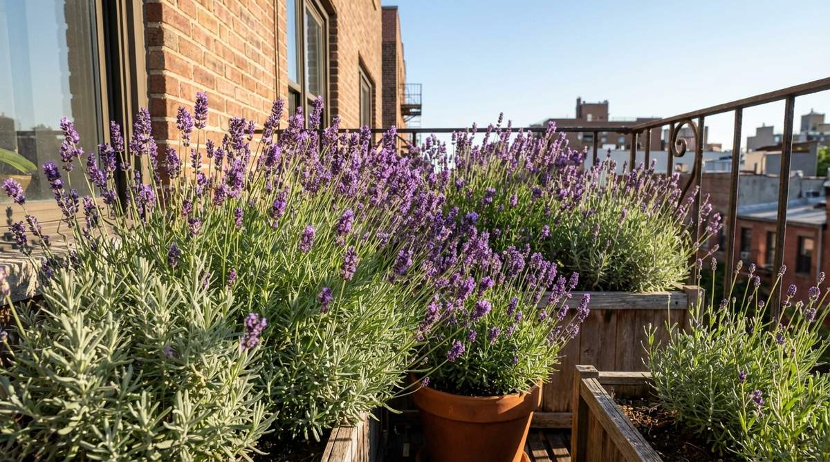 A close-up image of lavender plants with fragrant purple spikes and silver foliage, thriving in a sunny urban balcony setting. The photo highlights the plant's Mediterranean charm and resilience to wind and drought, with English lavender varieties shown for cold hardiness, trimmed blooms to promote reblooming and compact growth.