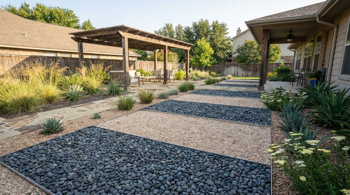 A contemporary gravel garden featuring horizontal bands of different colored gravel creating striped patterns across the landscape. Each band measures 18-36 inches wide with clear value contrast between dark and light tones, separated by permanent edging to maintain distinct color separation.