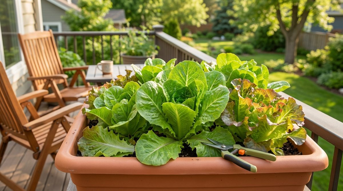 A close-up image of fresh, green leaf lettuce growing in a wide, shallow container on a sunny balcony, with outer leaves ready for harvest using the cut-and-come-again method, ideal for continuous production in small spaces.
