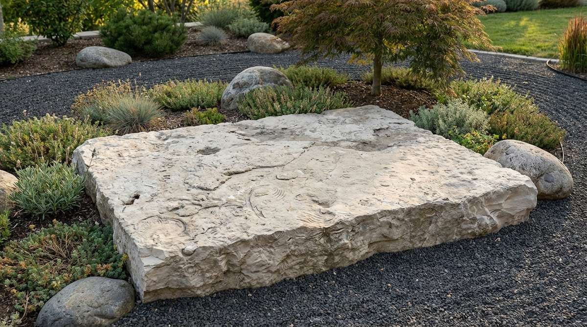 A flat limestone slab serving as a natural platform in a Zen garden, ideal for meditation seating or plant containers. Its light tone contrasts with darker gravel, featuring fossil patterns and textures for close examination.