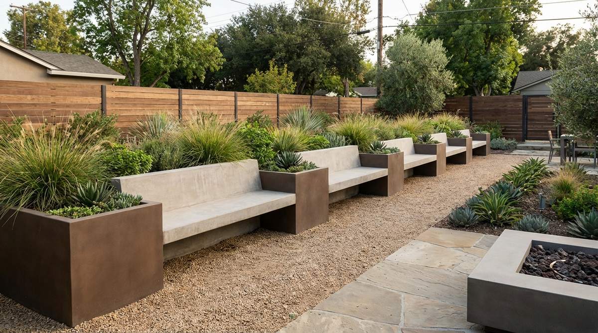 A modern garden design featuring a continuous concrete bench with integrated raised planters at intervals. The geometric arrangement alternates seating sections with planting areas in rhythmic patterns, where greenery breaks up the seating spans while maintaining clean lines. The deep planters accommodate proper root growth for selected plants, creating a harmonious blend of functionality and contemporary aesthetics in outdoor spaces.