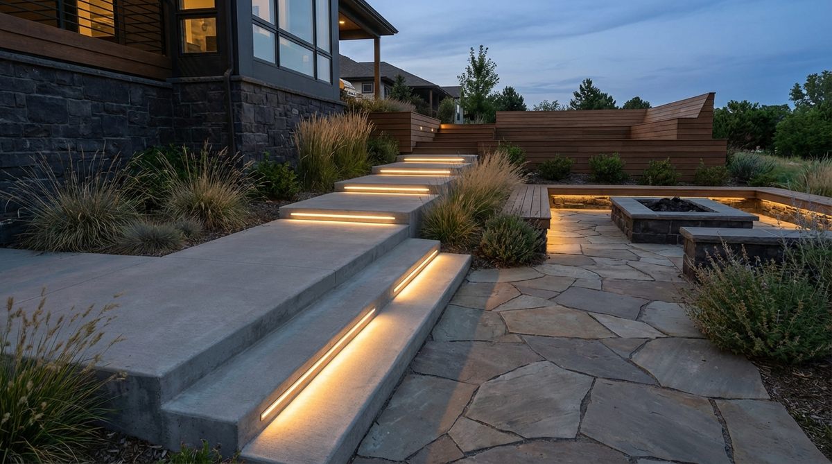 Modern linear slot in-grade lights installed along architectural steps and building foundations, featuring continuous narrow channels with LED arrays that produce uniform blade-like beams for architectural emphasis in hardscape construction.
