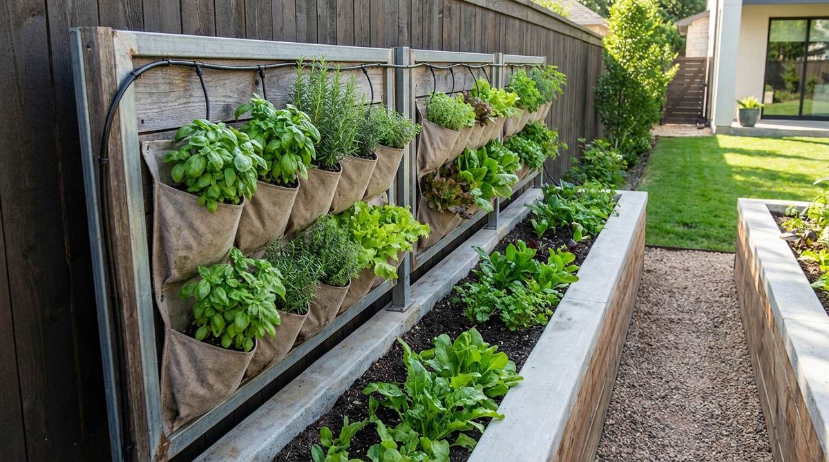 A vertical garden wall integrated with a modern raised garden bed, showing pocket planters mounted on a fence with herbs and salad greens growing in tiers. Drip irrigation system visible at the top, with maintenance access space between the bed and fence.