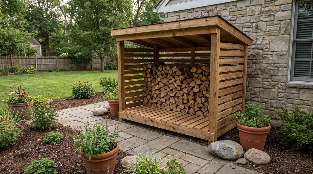 Open-front log storage shelter with raised floor and slatted sides for optimal airflow and moisture protection. Designed to store approximately one cord of split firewood in a 6x3 foot space, keeping wood dry and mold-free while positioned conveniently near the house.
