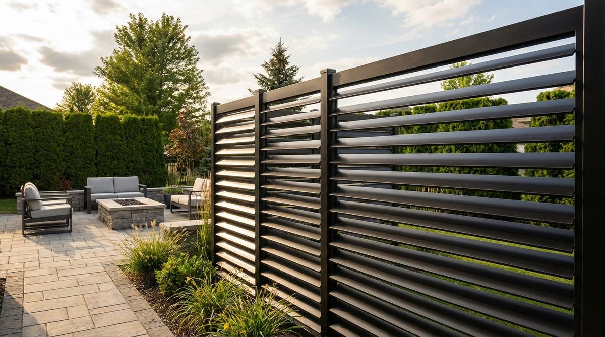 A modern louvered fence featuring adjustable slats that pivot to control privacy, light, and airflow, ideal for outdoor entertaining spaces with dynamic needs.