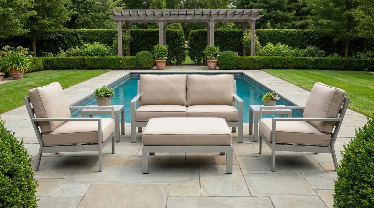 A symmetrical arrangement featuring a loveseat paired with two club chairs and a matching ottoman, designed for modern garden furniture. This space-efficient layout is ideal for medium patios, with aluminum frames that resist corrosion near pools. Consistent cushion thickness ensures uniform comfort, and back cushions have removable covers for easy washing. The shared ottoman provides flexible use as a footrest or extra seating.