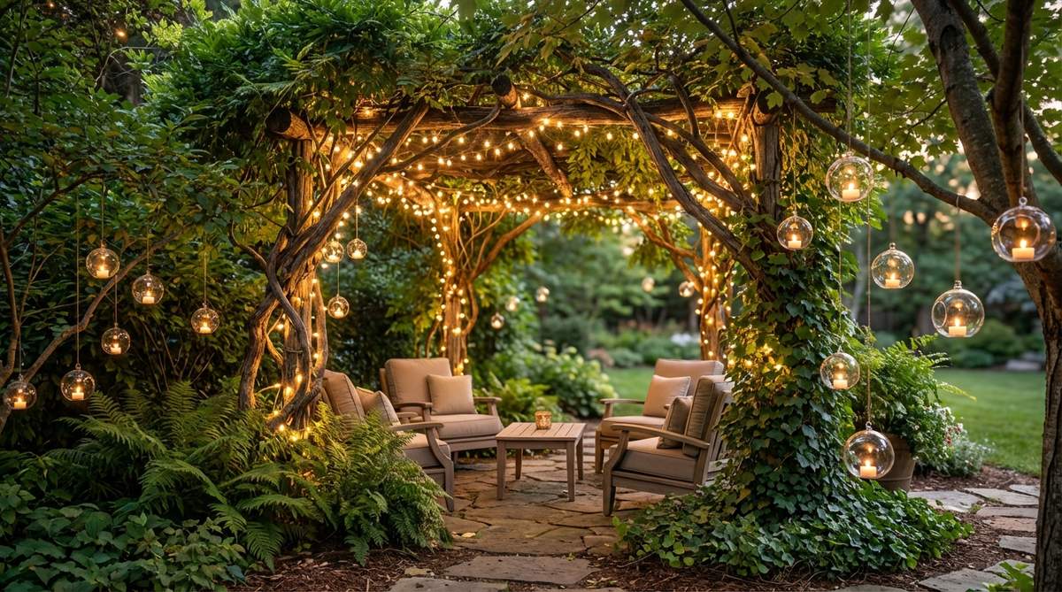 A woodland-inspired garden arbor decorated with lush greenery and integrated string lights woven through branches and leaves, creating an enchanted forest effect. The arbor is positioned over seating with hanging glass orbs containing tea lights for additional glow points, perfect for lounge areas at weddings. This layered lighting installation adds depth and magic to garden decor for wedding celebrations.