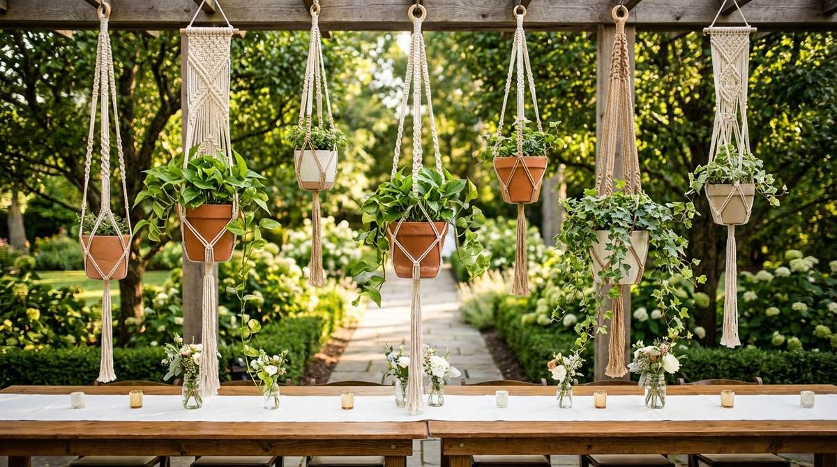 A decorative setup of macrame plant hangers suspending potted plants with trailing greenery, such as pothos or English ivy, at varying heights above a wedding reception table or along walkways, adding organic animation and boho charm to the event space.
