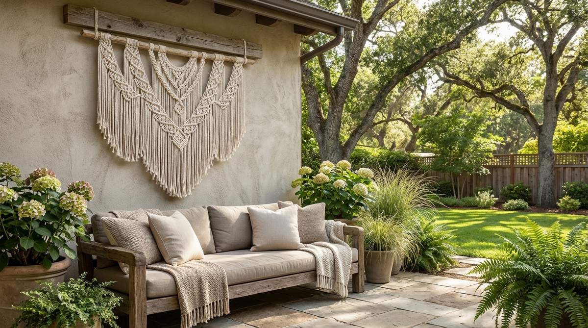 A large macramé wall hanging made of cotton rope, featuring intricate knotwork patterns, used as a dramatic textural statement above a bed or sofa in boho-style decor.