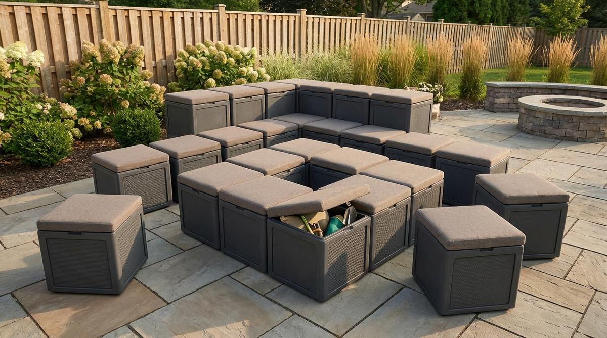 Magnetic modular seating cubes for small gardens, featuring 16-18 inch cubes with magnetic side panels that connect in various configurations like linear benches, stepped displays, or hollow squares. Weatherproof upholstered tops provide comfortable seating, while hard plastic or metal sides resist outdoor exposure. Interior cavities offer storage, and cubes can be rearranged daily for different activities such as movie screenings, conversations, or compact storage.