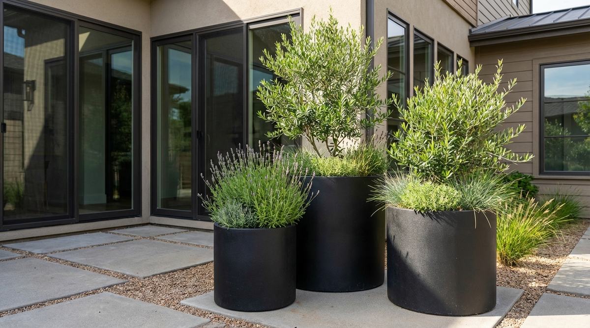 A modern matte black planter in fiberglass or powder-coated steel, creating striking contrast with green plants. This sophisticated outdoor decor piece absorbs heat for Mediterranean plants and coordinates with contemporary architecture featuring dark-framed windows and doors. Perfect for grouping in varied sizes for cohesive design across all seasons.