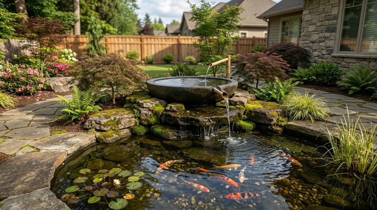 A Japanese garden water feature showing a small, still meditation pool elevated above a main koi pond, connected by a water spout or bamboo fountain. The upper pool is plant-free and calm for reflection, while the lower pond supports active koi fish, creating a contrast between contemplative stillness and dynamic movement.