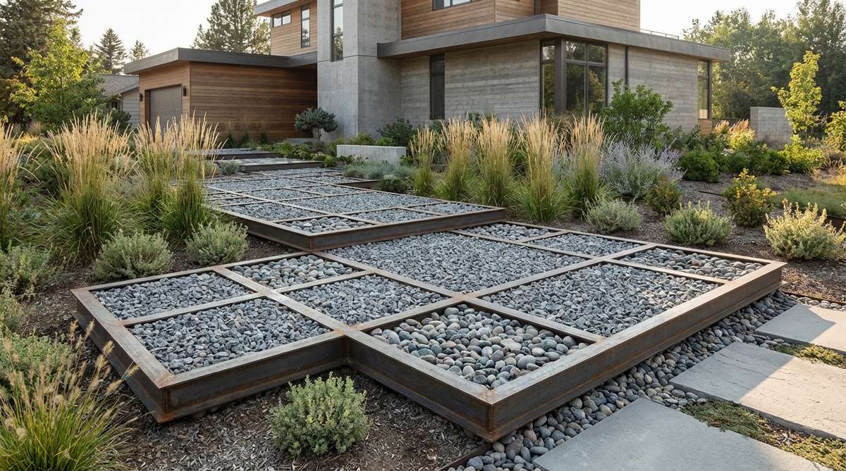 A contemporary garden pathway featuring geometric metal frames filled with stones or gravel, creating an industrial-chic aesthetic. The modular steel or aluminum grid sections are visible with crushed stone infill, providing structural support and textural contrast. This modern hardscape design complements urban gardens and contemporary architecture, showcasing an innovative approach to garden pathways that allows for easy maintenance and customization.