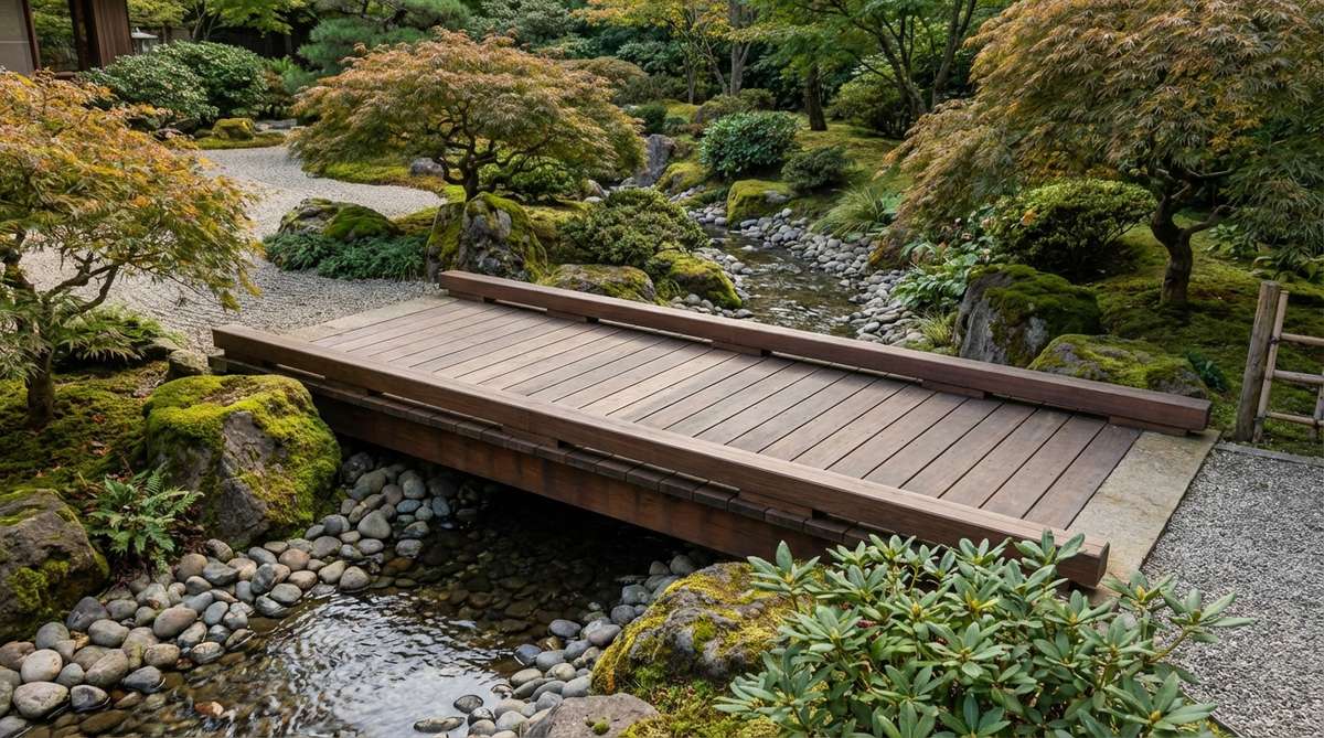 A minimalist flat span bridge in a Japanese garden, featuring ultra-simple design with two support beams and a deck plane, devoid of railings, ornament, or curvature. The components are milled to identical cross-sections and finished uniformly, assembled with concealed fasteners to eliminate visual hardware, emphasizing material quality and meticulous craftsmanship.