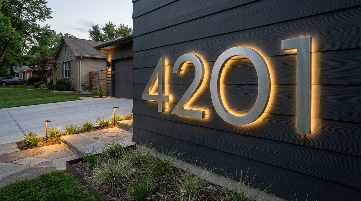 Oversized metal house numbers in modern fonts, available in brushed stainless steel or matte black powder coat finishes, mounted on contemporary architecture. LED-backlit versions provide subtle nighttime visibility for ground-level identification.