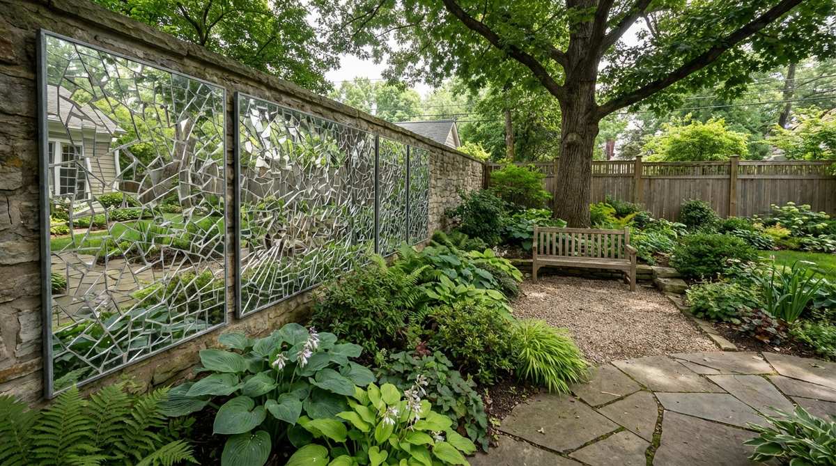 Weatherproof mirror mosaic panels designed for outdoor wall decor, featuring light-reflecting tiles that fragment and multiply sunlight in garden areas. These panels bounce illumination into shaded corners while creating kaleidoscope visual effects, mounted on weatherproof backing with exterior adhesive and sealed grout for moisture protection.