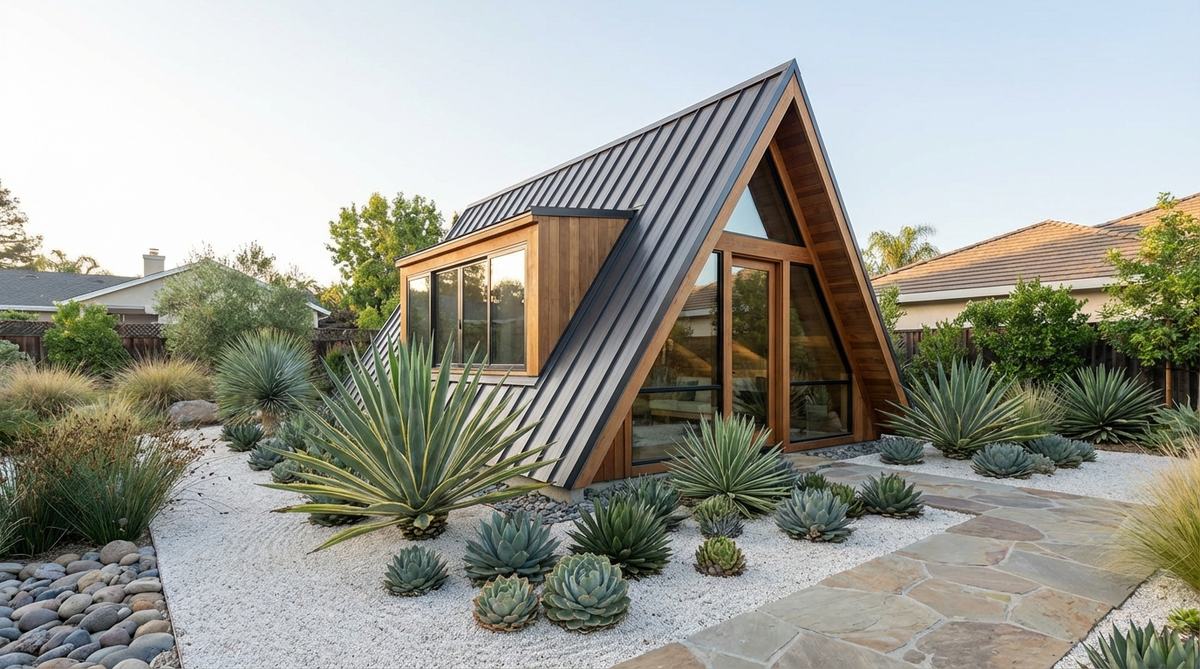 A contemporary triangular structure with clean lines and a steep roofline, featuring large windows for bold geometric form. Paired with architectural agaves and geometric-leaved succulents on fine white gravel ground cover, this minimalist design appeals to modern fairy garden styles.