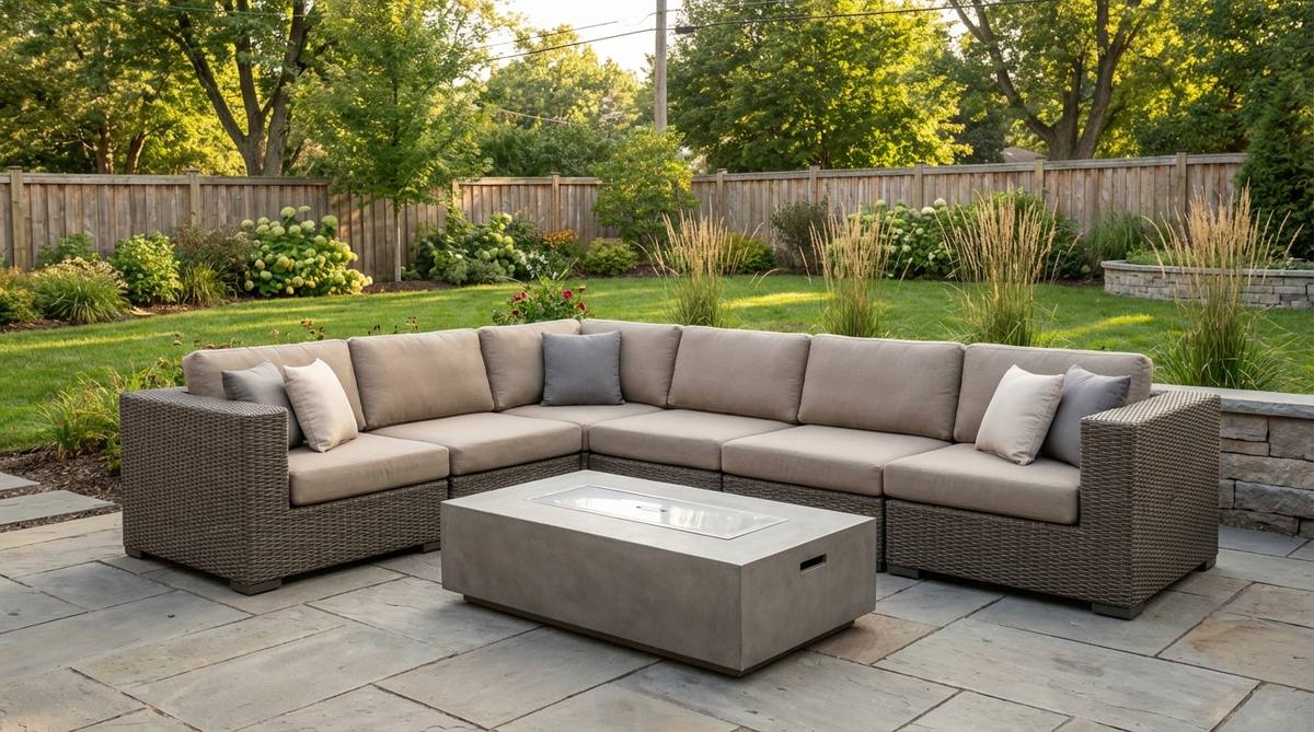 A contemporary modular outdoor sectional sofa in neutral tones, featuring a low profile and square arms that reference mid-century modern aesthetics. Made from weather-resistant materials like all-weather wicker in gray or taupe, with solid-colored cushions for a calm visual appeal in a garden setting.