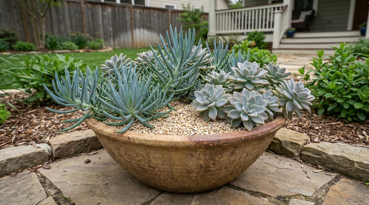 A wide ceramic bowl planted exclusively with blue-gray succulents including varieties like blue chalk sticks and ghost plant, creating a calming focal point for outdoor spring decor. The arrangement is topdressed with fine gravel for clean presentation, ideal for low-maintenance displays.