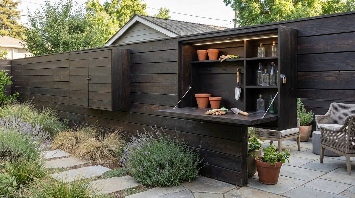 A contemporary garden fence featuring a Murphy-style drop-down work station. This cabinet-style unit opens to reveal a potting bench or bar setup, with enclosed design protecting contents from weather when closed. Includes locking mechanisms for security and interior lighting for evening functionality. Perfect for serious gardeners or entertainers, with exterior finished to match the fence for seamless integration.