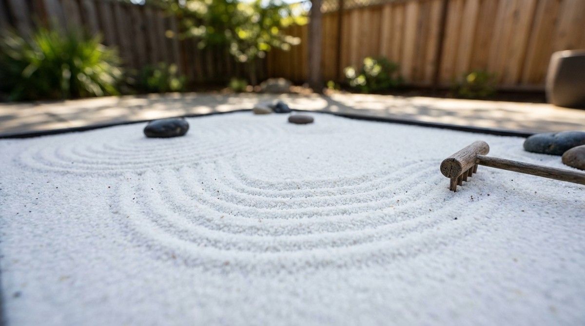 A close-up view of professional-grade white quartz sand in a zen garden miniature, showcasing fine rake patterns and uniform grain size for optimal texture and light resistance.