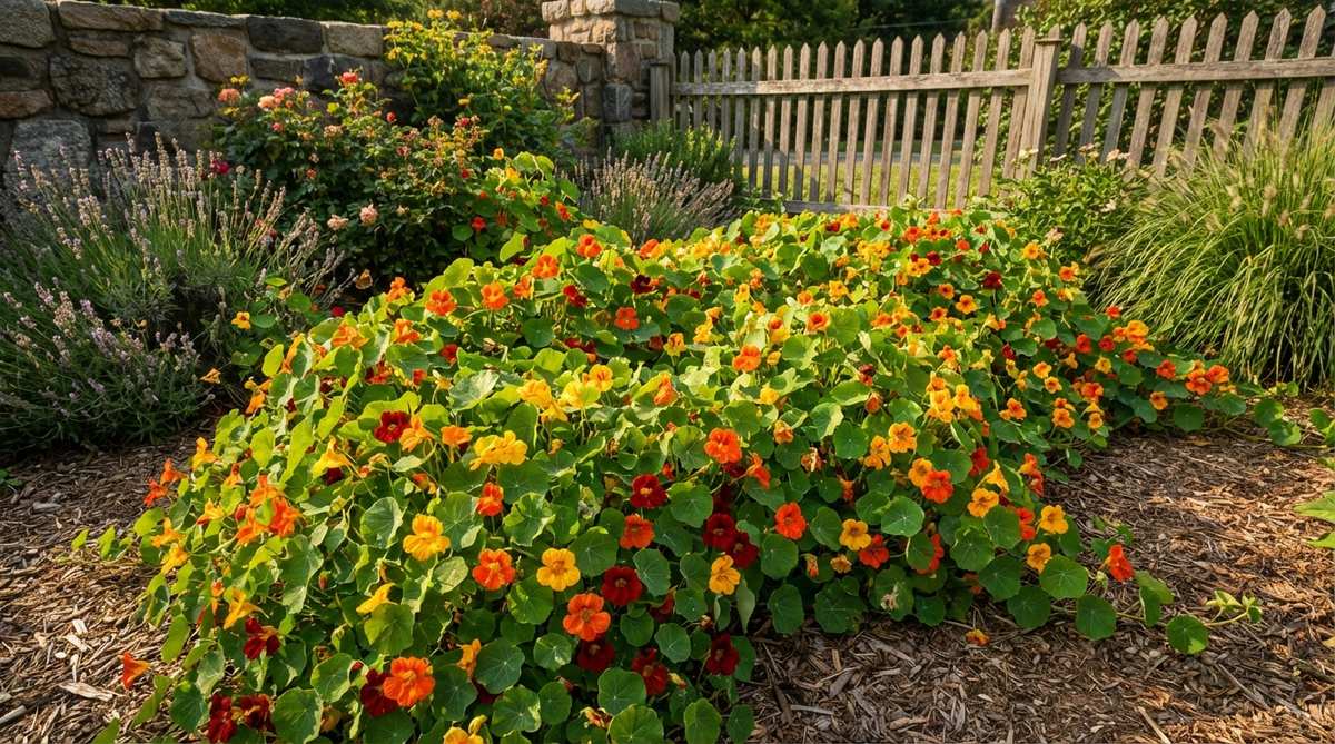 A vibrant nasturtium plant cascading with edible orange, yellow, and red flowers and peppery leaves, creating dense foliage coverage in a sunny cottage garden spot. The sprawling habit fills gaps between perennials, suppresses weeds, and attracts beneficial insects.