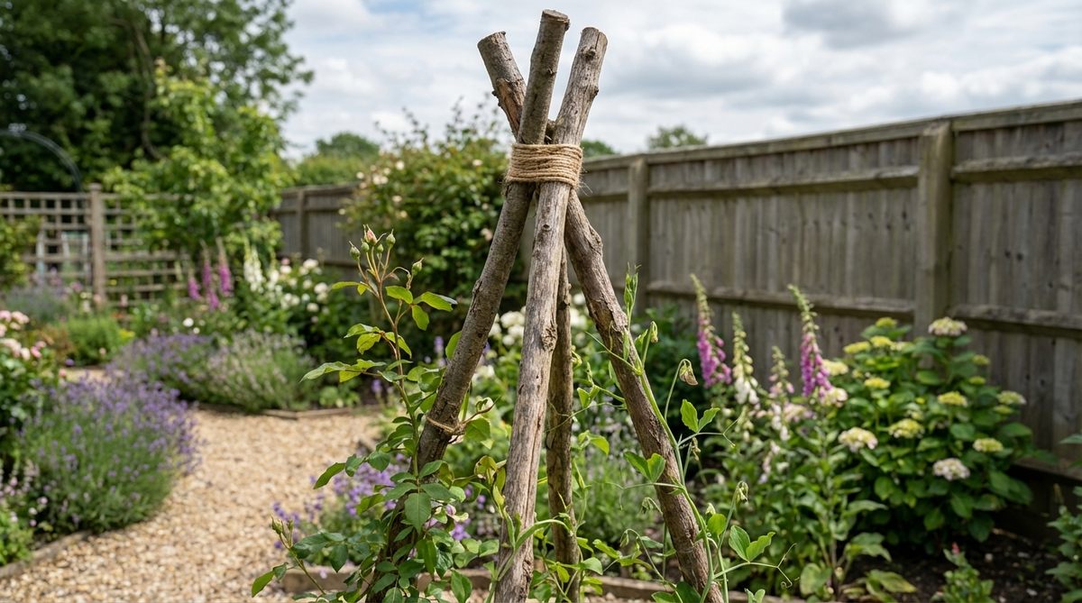 A rustic natural branch tripod made from three sturdy branches tied at the top, forming a pyramid structure ideal for supporting medium-weight climbing plants in a cottage garden design. This DIY project adds character and is cost-effective when using salvaged branches from pruning.