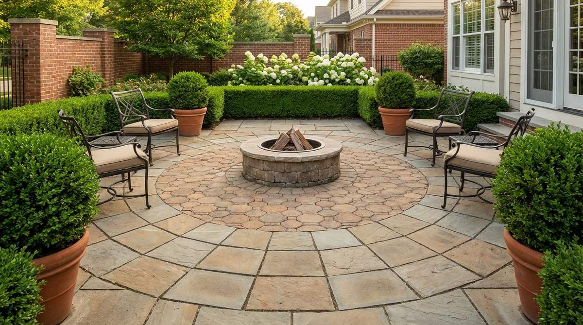 A formal small garden patio layout featuring a central octagonal paver section surrounded by square pavers in a radiating pattern, creating a medallion effect ideal for symmetrical garden designs with fire pits, fountains, or dining tables as focal points.