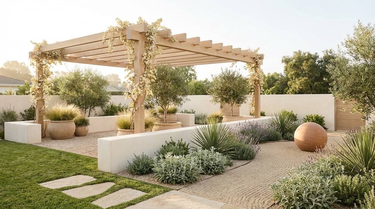 A minimalist interior design featuring warm white walls, light oak wood flooring and furniture, and soft clay decorative objects. This Scandinavian-inspired decor showcases natural materials, negative space, and a restrained earthy palette focusing on form and texture.