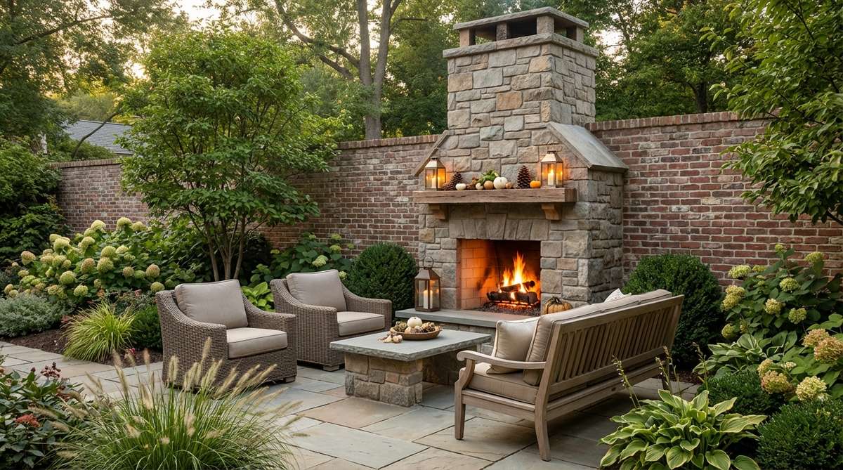 A vertical masonry or prefabricated outdoor fireplace anchoring a seating area in a cozy garden. The fireplace projects heat forward from its firebox opening and serves as both a functional feature and architectural backdrop. Built against an existing wall to maximize heat reflection into the seating zone, with a mantel shelf displaying lanterns or seasonal decorations that personalize the setting.