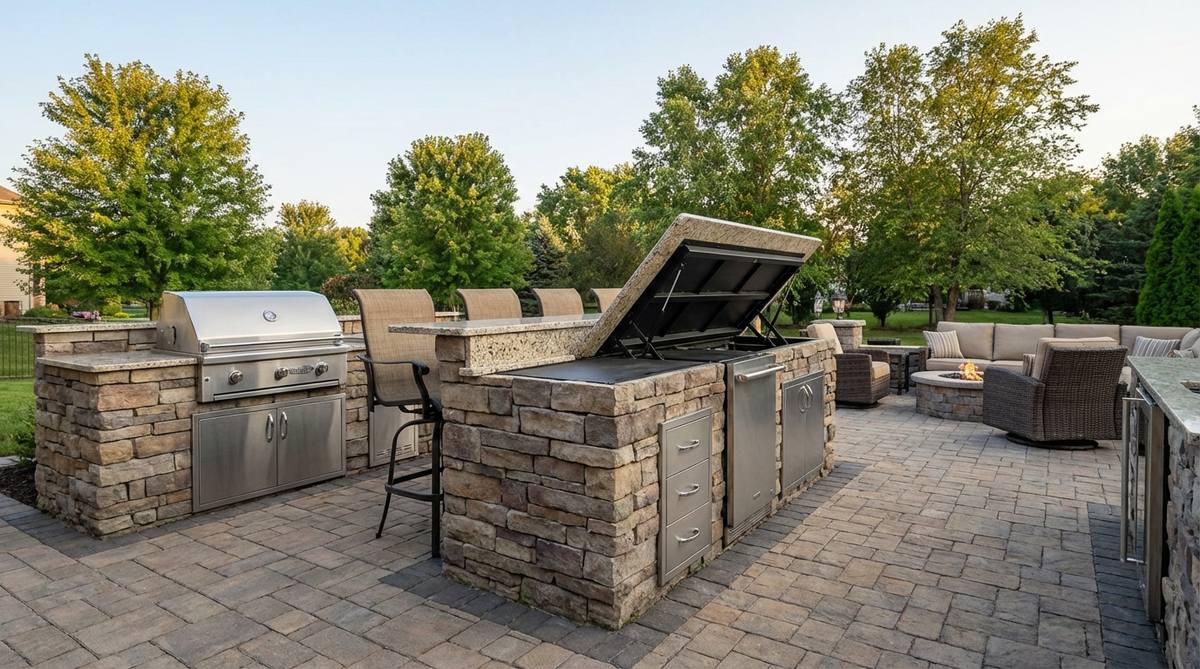 An outdoor kitchen peninsula featuring a flip-up counter that expands from 24 to 48 inches, accommodating 4-6 bar-height diners when extended and providing standard prep space when lowered. The design includes a hydraulic flip mechanism for easy operation, separates the cooking zone from the lounge area, and uses matching materials for seamless integration, combining cooking, serving, and dining functions in one efficient footprint.