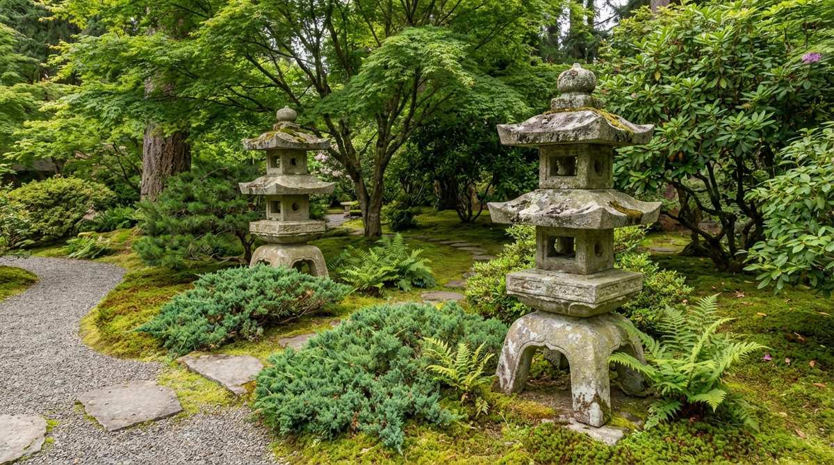 Multi-tiered pagoda-style stone lanterns arranged as vertical accents in a Japanese garden, referencing Buddhist temple architecture with stacked levels representing earth, water, fire, wind, and sky elements. The lanterns are positioned for viewing from multiple angles, underplanted with low evergreens and moss, with natural lichens and weathering developing over time. These symbolic lanterns provide strong vertical elements while connecting the garden to universal forces beyond human scale.