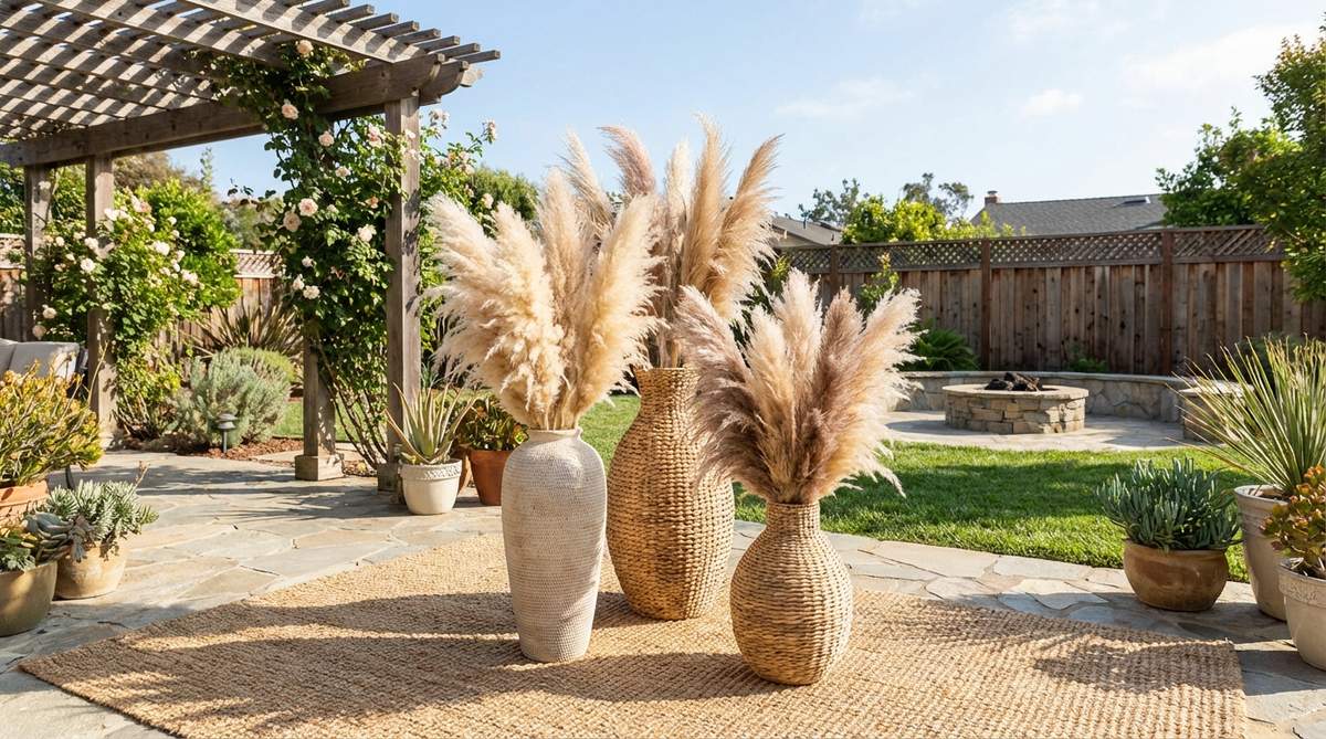 Tall pampas grass plumes arranged in oversized ceramic or woven floor vases, creating dramatic dried botanical statements with feathery texture and neutral beige color. Perfect for adding height and movement to boho decor without overwhelming smaller spaces.