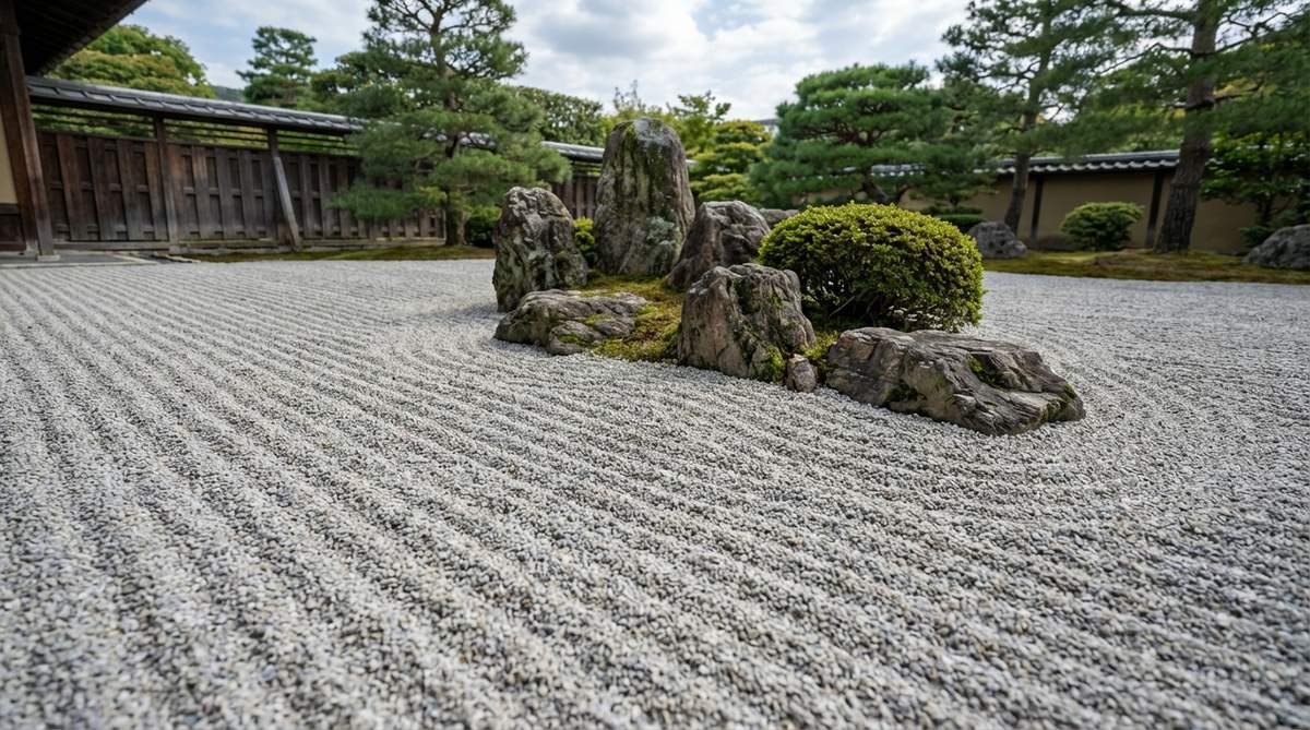 A close-up view of meticulously raked parallel lines in the gravel of a Japanese Zen garden, representing calm water with precise, even spacing between each line. The pattern demonstrates the fundamental technique used as a base for many variations, focusing attention on stone arrangements.