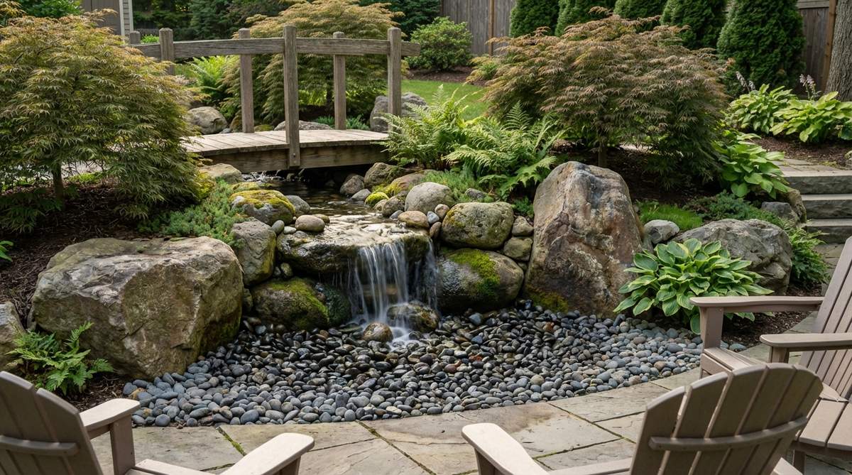 A Japanese garden water feature showing a pondless disappearing basin design, where water flows into a hidden reservoir beneath decorative stones, creating a safe and low-maintenance water element with soothing sounds.