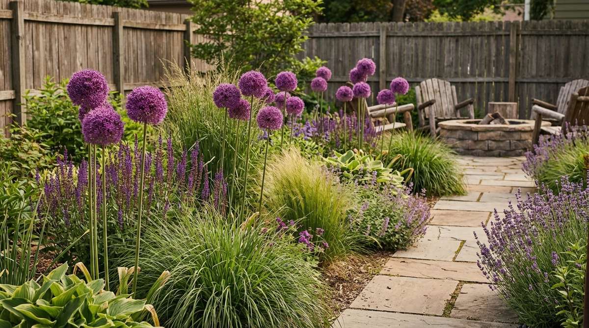 A vibrant purple allium display featuring spherical blooms on tall stems, creating architectural accents in a boho garden setting. The geometric globes contrast with softer, informal plantings, ideal for naturalizing with minimal care.