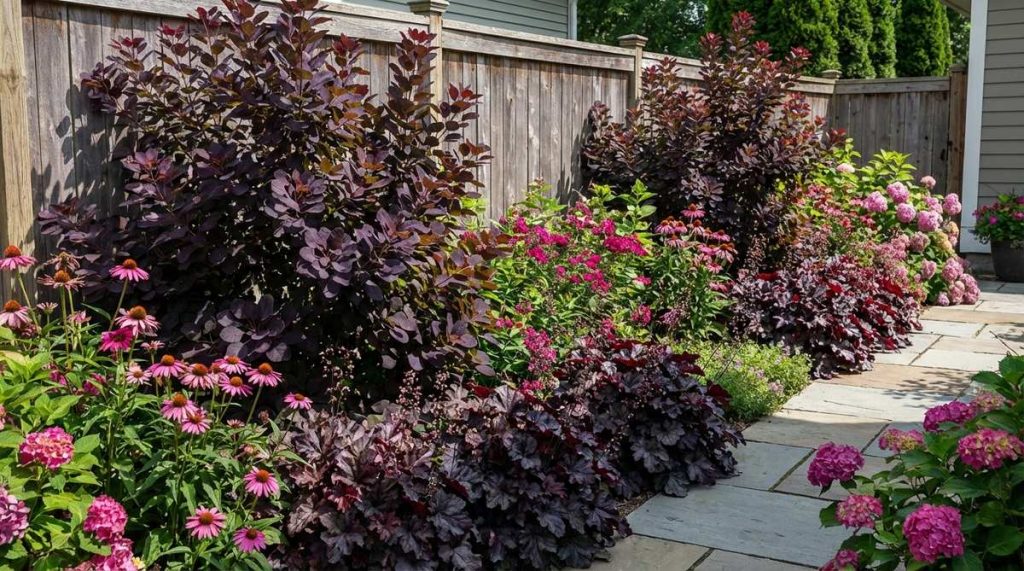 A sophisticated purple foliage garden featuring dark-leaved plants like purple smoke bush and 'Palace Purple' heuchera creating rich backgrounds with complementary pink and magenta flowers. The moody palette establishes depth and intensifies in full sun exposure.