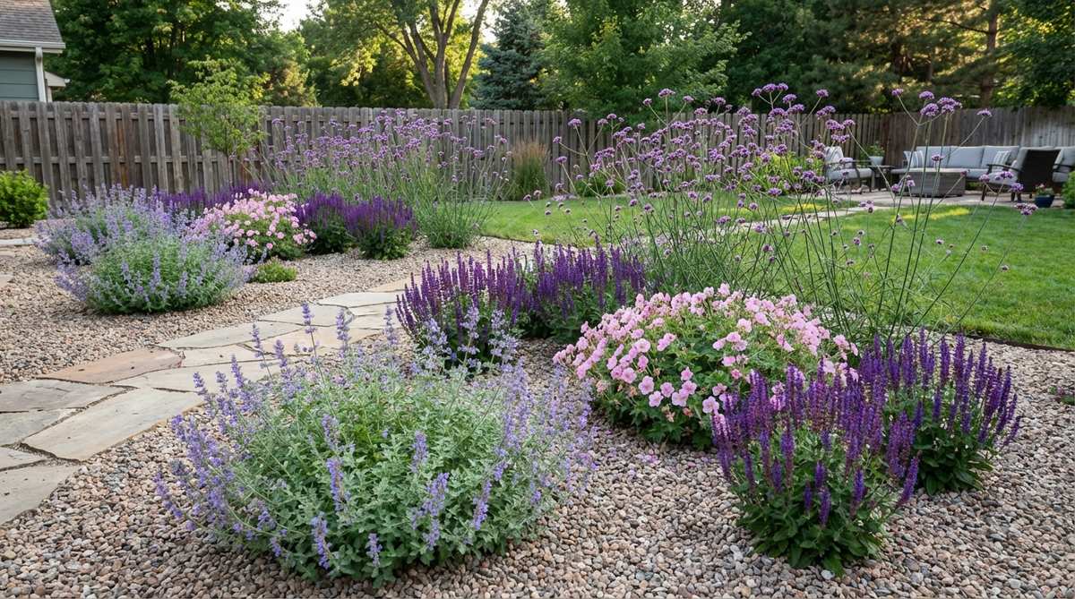 A gravel garden bed featuring a romantic purple-pink planting scheme with catmint, salvia, Geranium 'Wargrave Pink', and Verbena bonariensis creating soft color transitions from May through October. The airy verbena is planted toward the back to allow views through to other plants.