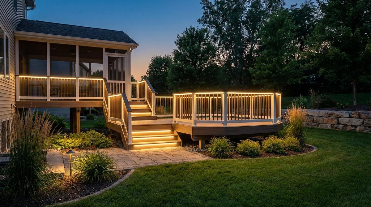 Flexible rope lights mounted beneath deck and porch railings using aluminum channels that conceal wiring, providing continuous illumination to outline architectural edges and light walking surfaces below.
