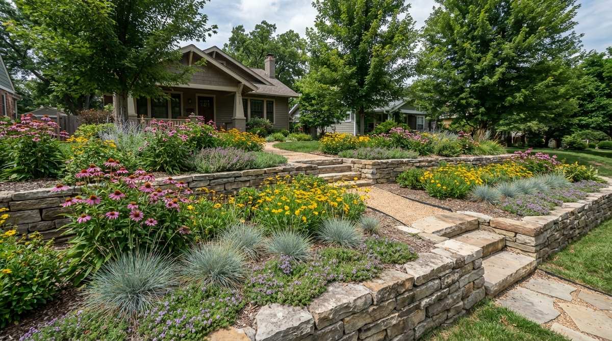 A terraced garden pathway with stone retaining walls creating layered planting beds in a sloped front yard. The design shows how retaining walls can transform challenging grades into accessible, planted levels with cascading perennials softening the hardscape.