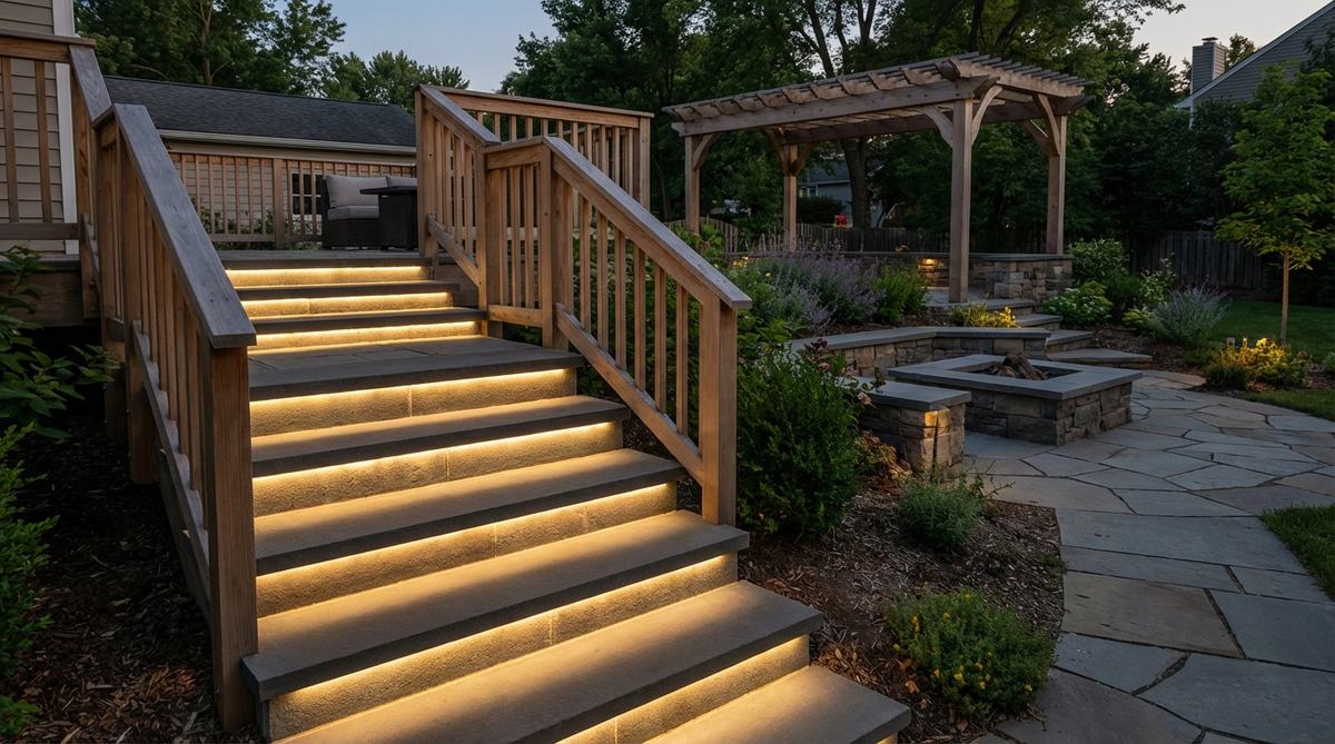 Integrated LED strips or fixtures in stair risers provide essential safety lighting while creating architectural emphasis in a small garden backyard. The low-profile installation remains invisible during daylight, with weather-rated fixtures positioned to illuminate tread surfaces without glare.