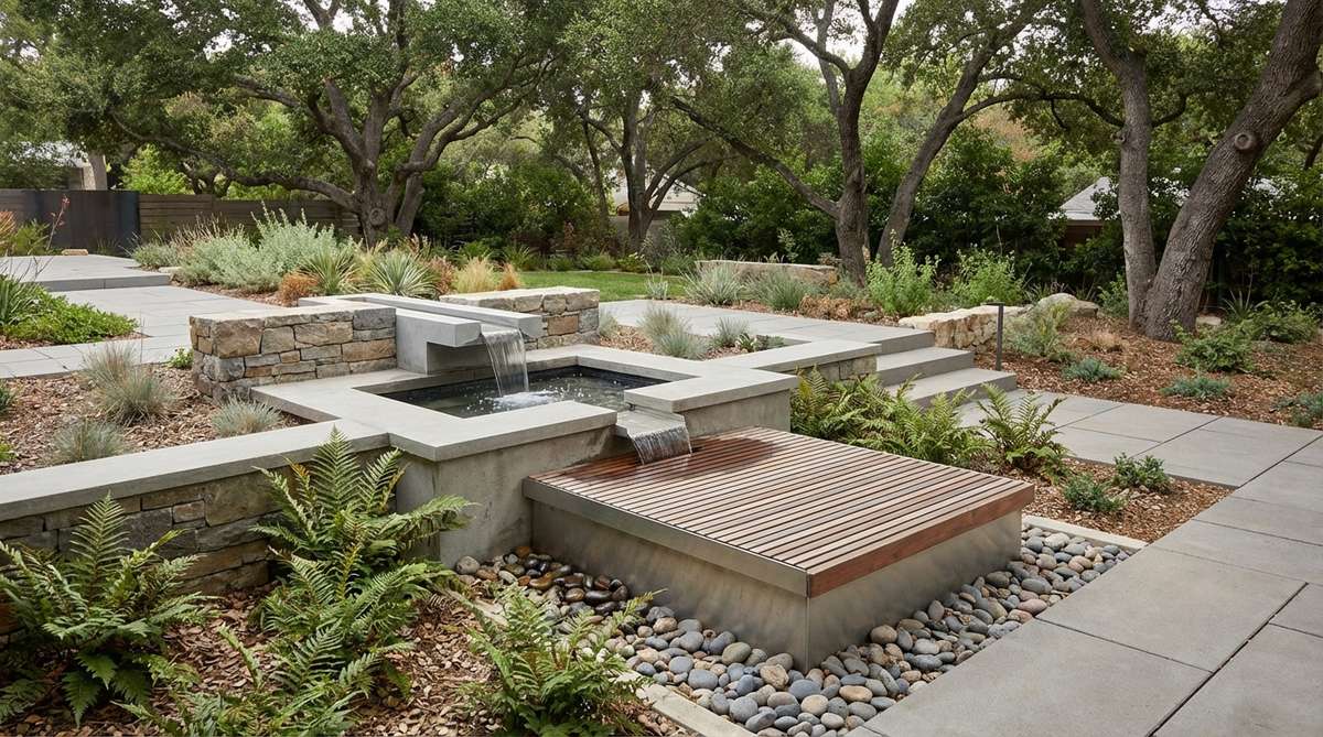 A modern recirculating fountain system in a contemporary garden setting, featuring a closed-loop water feature with a small pump that continuously circulates water while minimizing evaporation. The fountain is positioned in a shaded area with a covered reservoir to prevent debris and algae growth.