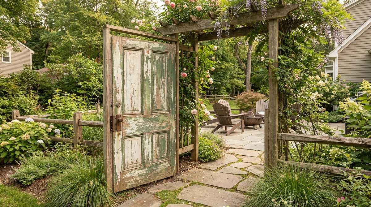 A vintage wooden door repurposed as a garden gate, featuring original paneling and hardware. This architectural element creates visual impact while defining garden boundaries with personality, adding narrative depth to outdoor boho decor.