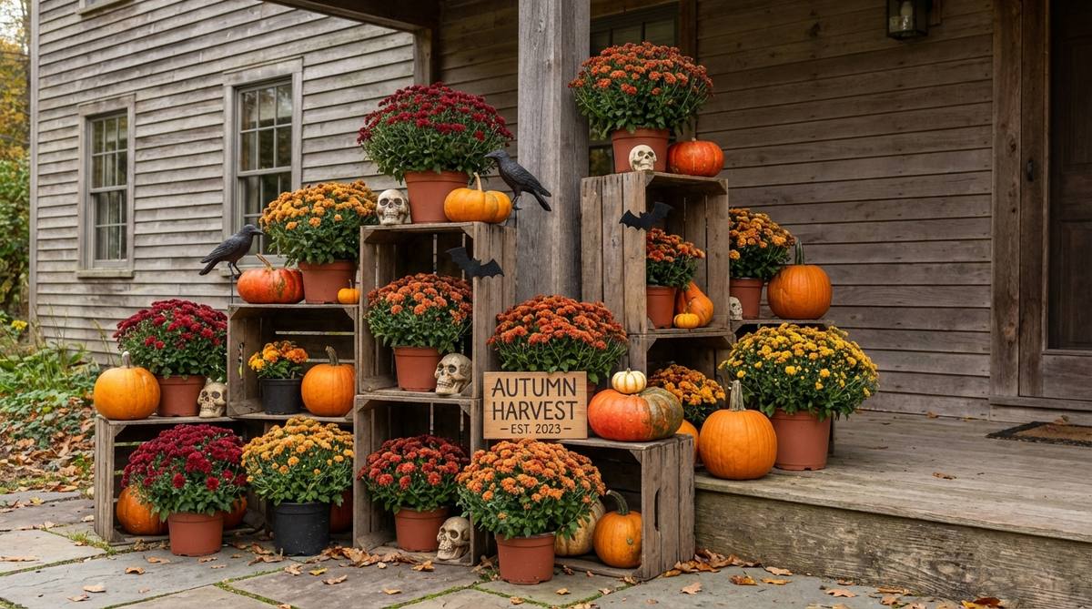 A rustic Halloween outdoor decor display featuring stacked wooden crates filled with potted mums and pumpkins, creating a vertical arrangement perfect for narrow porches. The composition includes small Halloween accents like skulls, ravens, or bats, with nursery pots easily inserted for watering. This sustainable display uses hardy garden mums suitable for various USDA zones, offering seasonal color that can be transplanted later.
