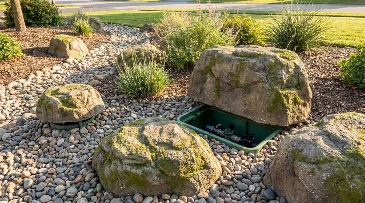 Hollow faux boulders designed to conceal utility boxes, well heads, and irrigation valves in gardens. Molded from natural rock faces for authentic texture, they maintain visual continuity with surrounding stone mulch or natural outcroppings. Lightweight construction allows for easy removal when service access is needed.